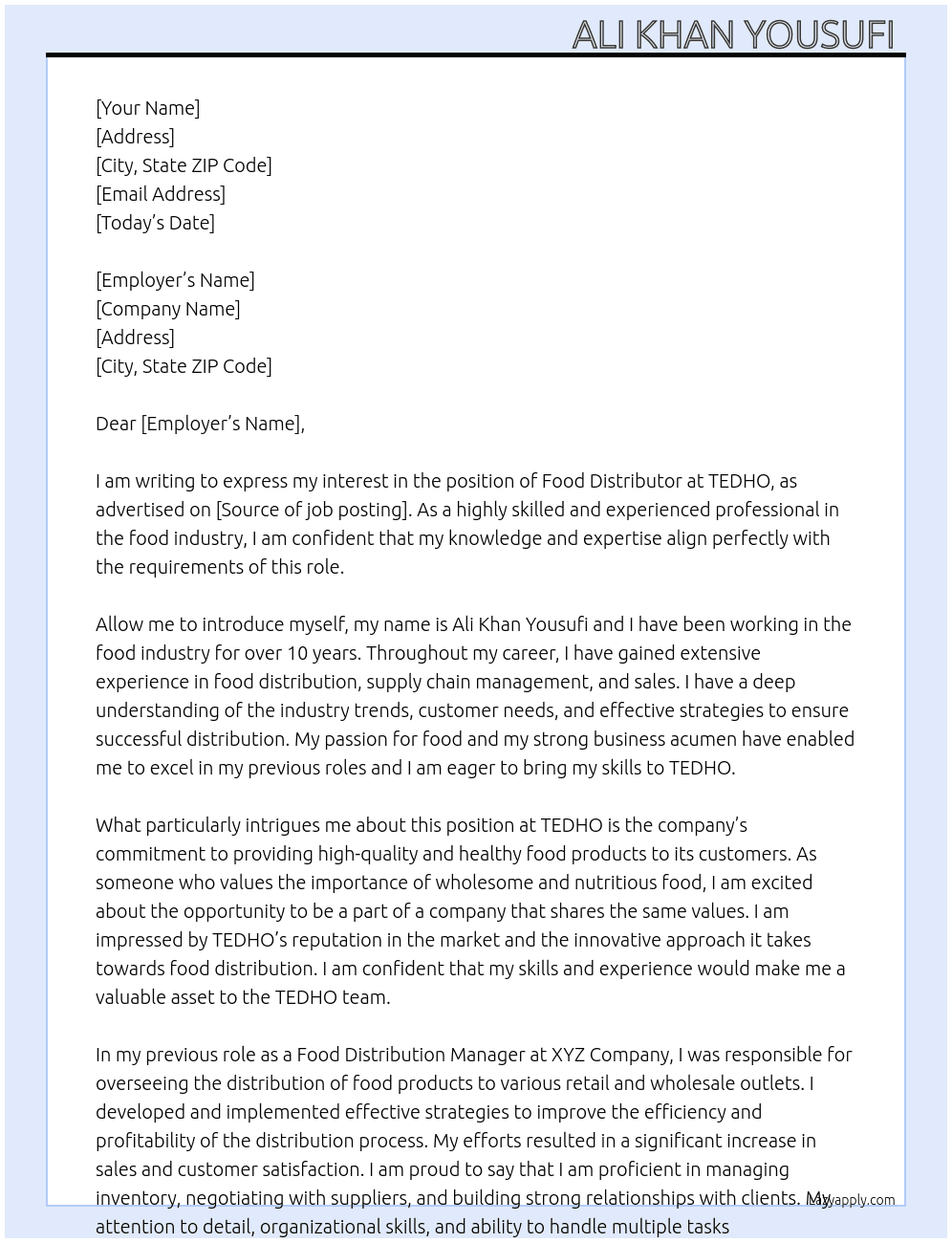 Food distributer  At TEDHO Cover Letter