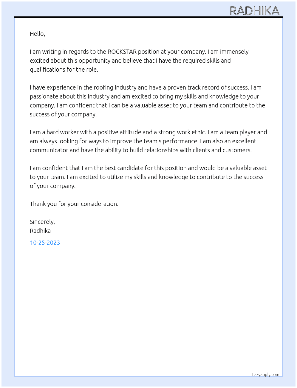 ROCKSTAR At a roofing company Cover Letter