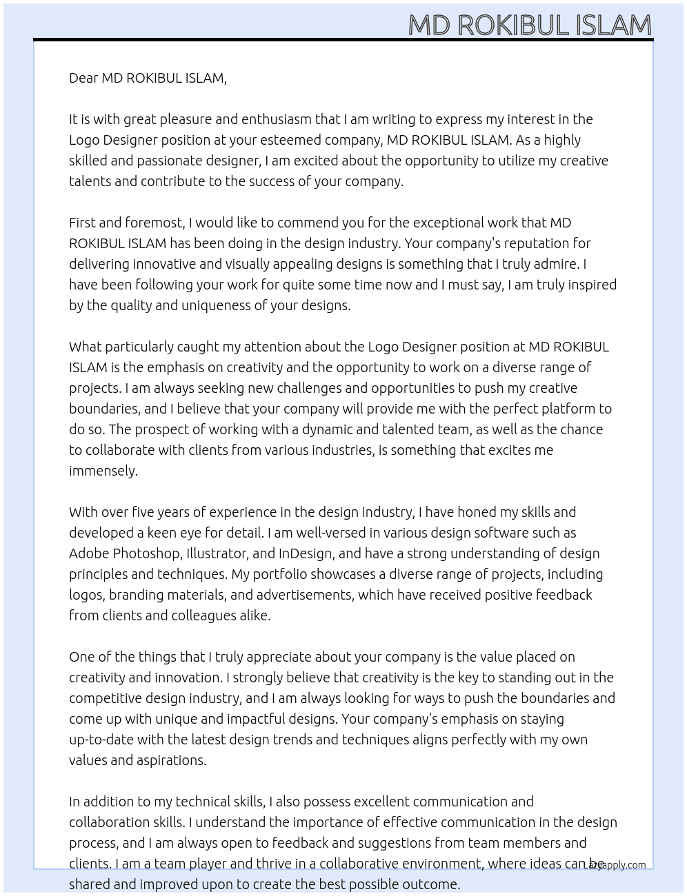Logo Designer  At MD ROKIBUL ISLAM Cover Letter