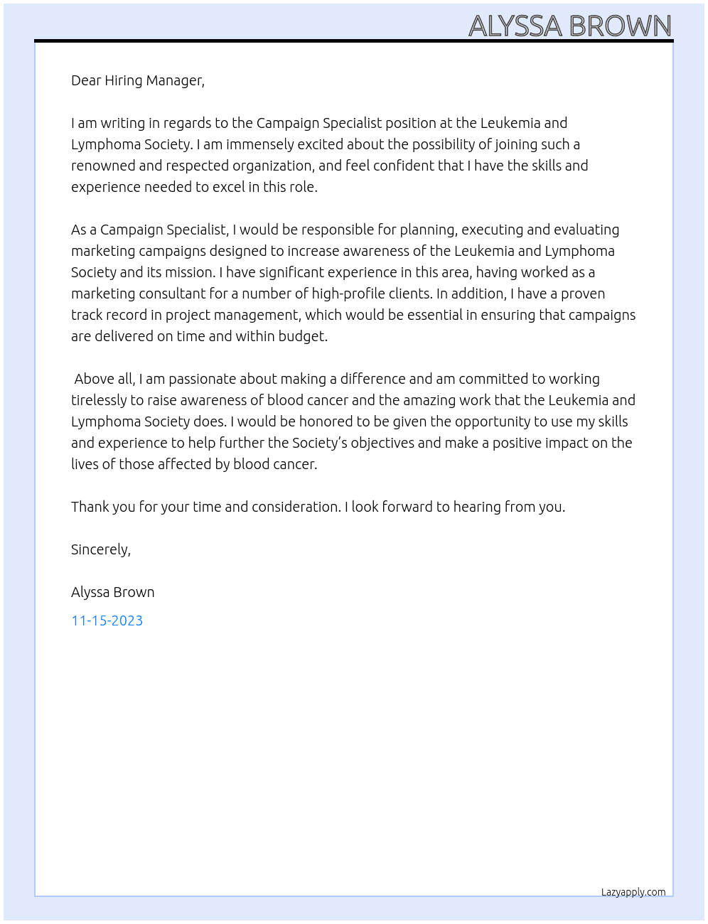 Campaign Specialist  At Leukemia and Lymphoma Society  Cover Letter