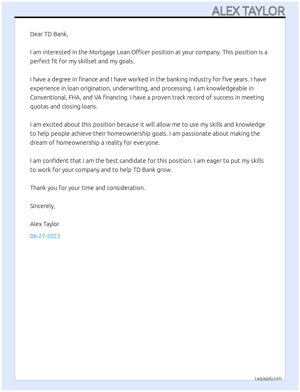 Mortgage Loan Officer At TD Bank Cover Letter