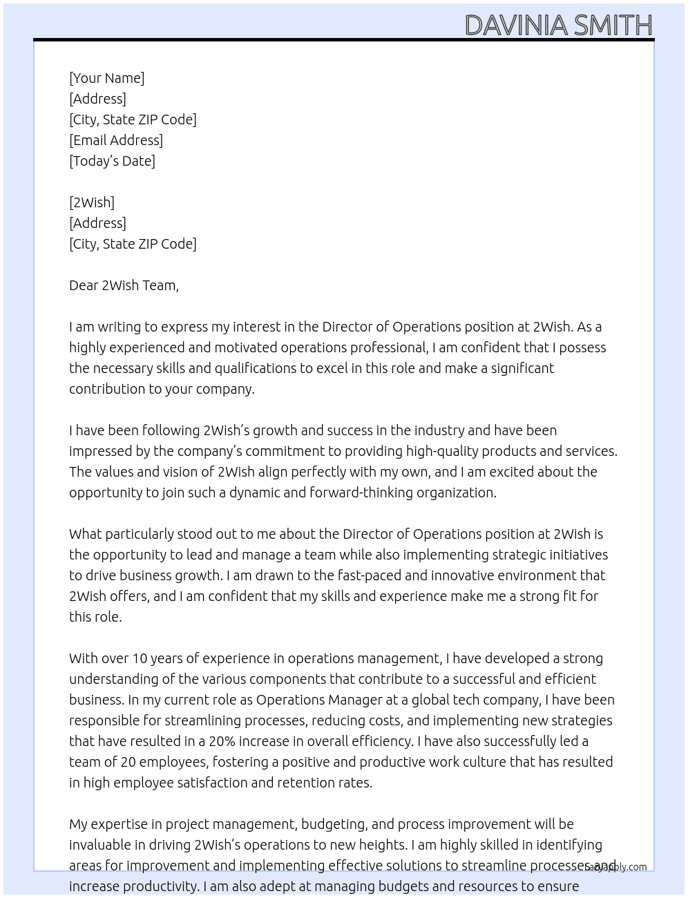 Director of Operations At 2Wish Cover Letter