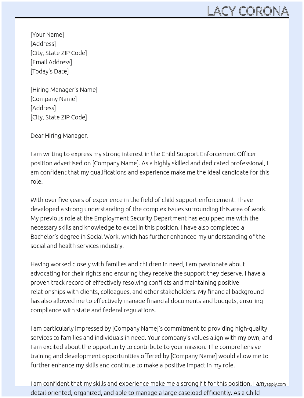Child Support Enforcement Officer At Dept. of Social and Health Services Cover Letter