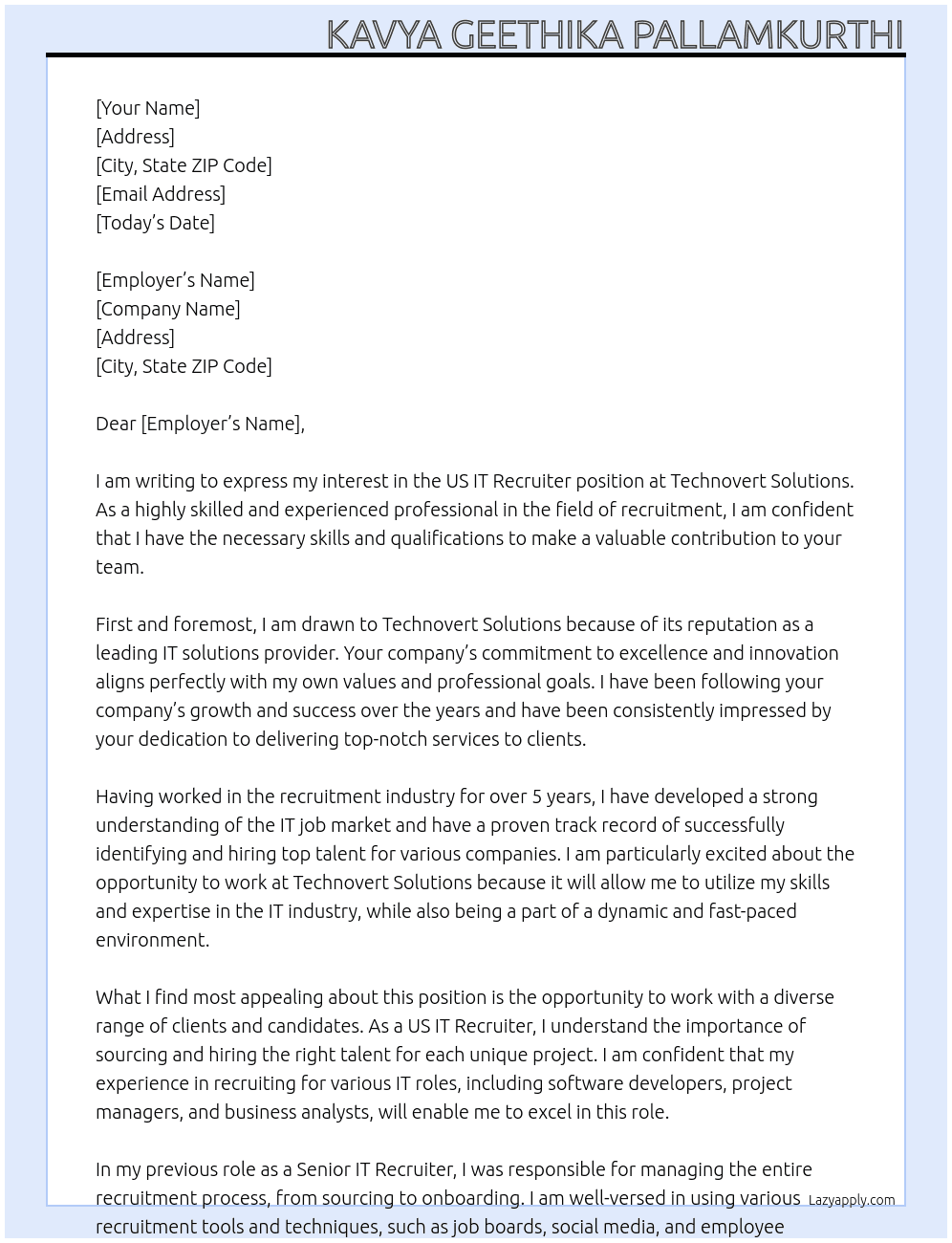 US IT Recruiter At Technovert solutions Cover Letter