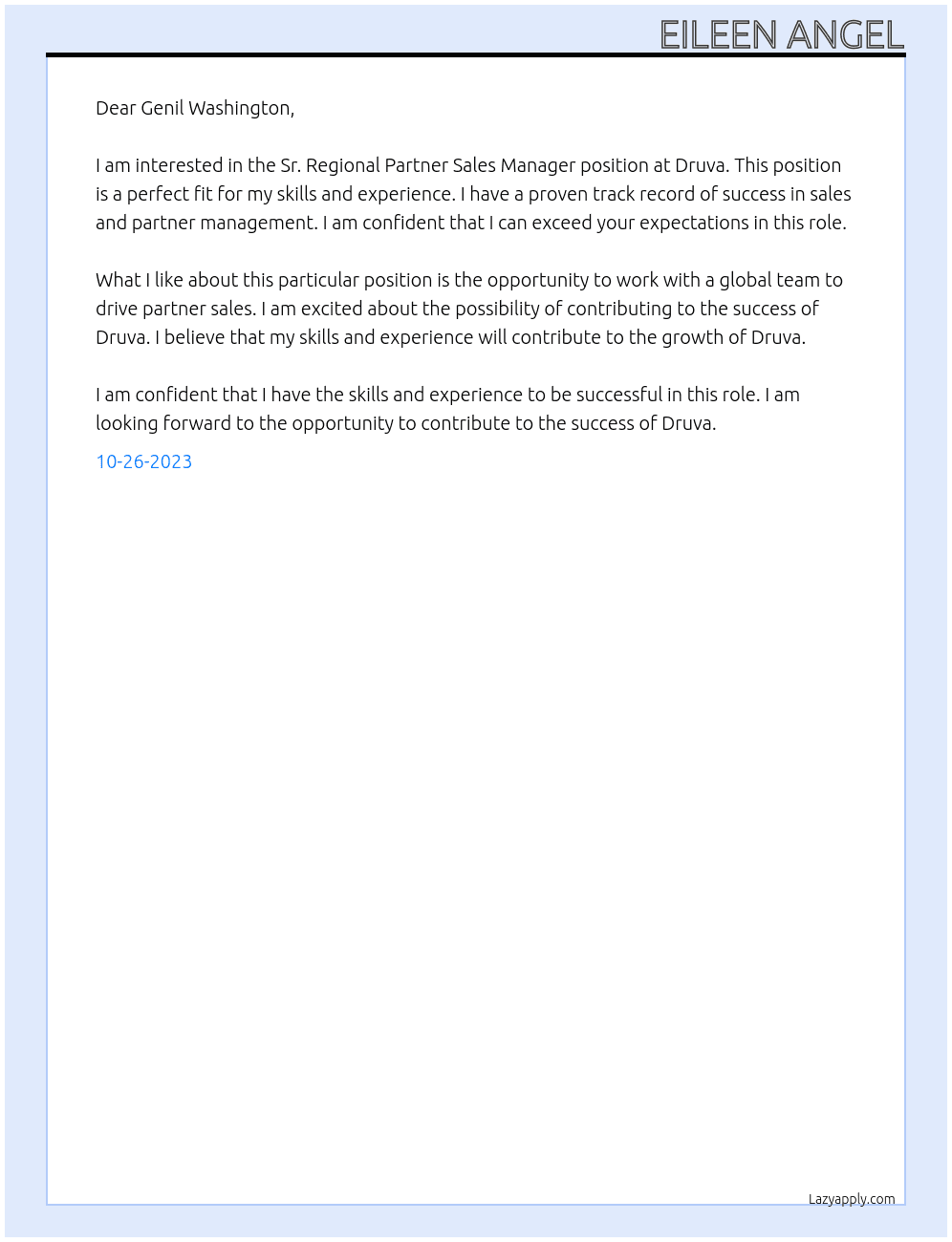 Sr. Regional Partner Sales Manager At Druva Cover Letter