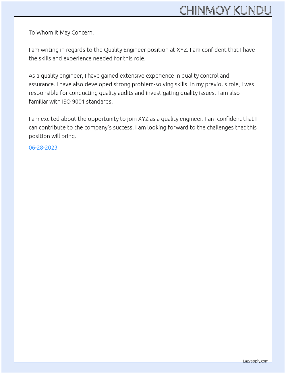 Quality Engineer  At XYZ Cover Letter