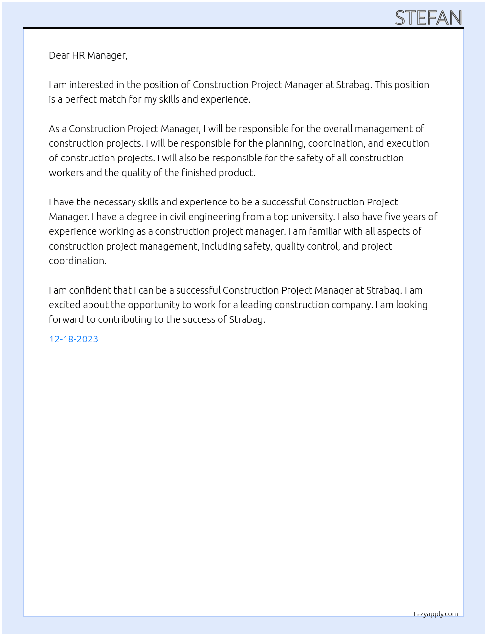 Construction Project Manager At Strabag Cover Letter