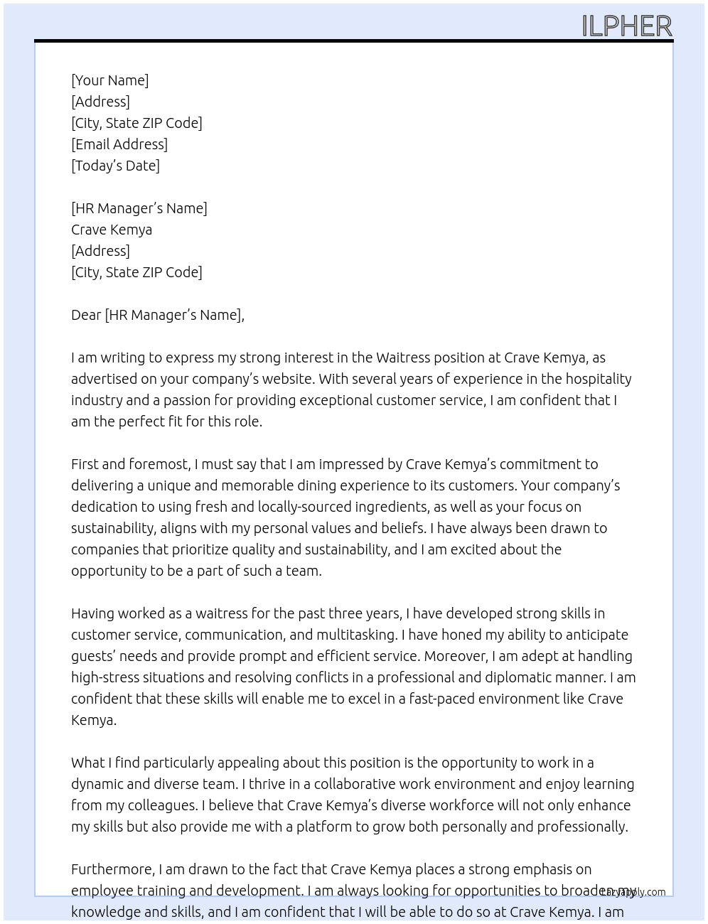 waitress At Crave Kemya Cover Letter