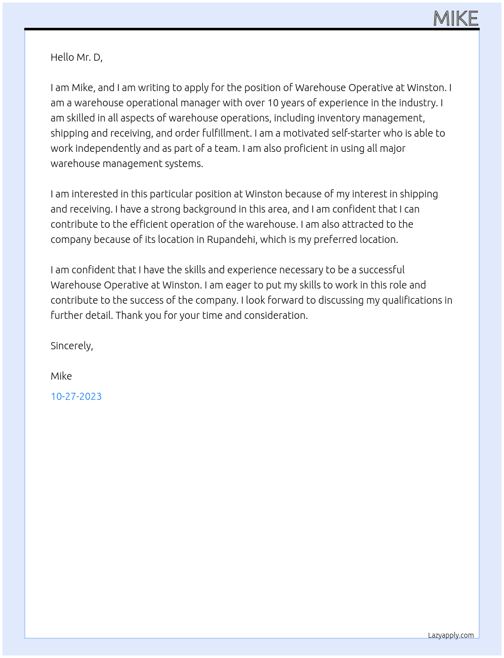 Warehouse Operative  At Winston Cover Letter