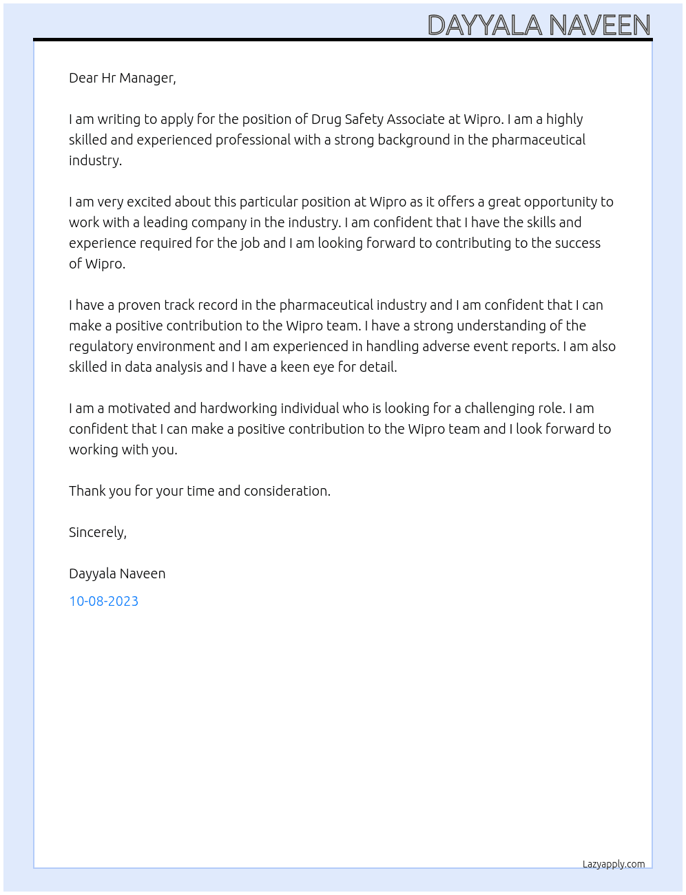 Drug Safety Associate At Wipro Cover Letter