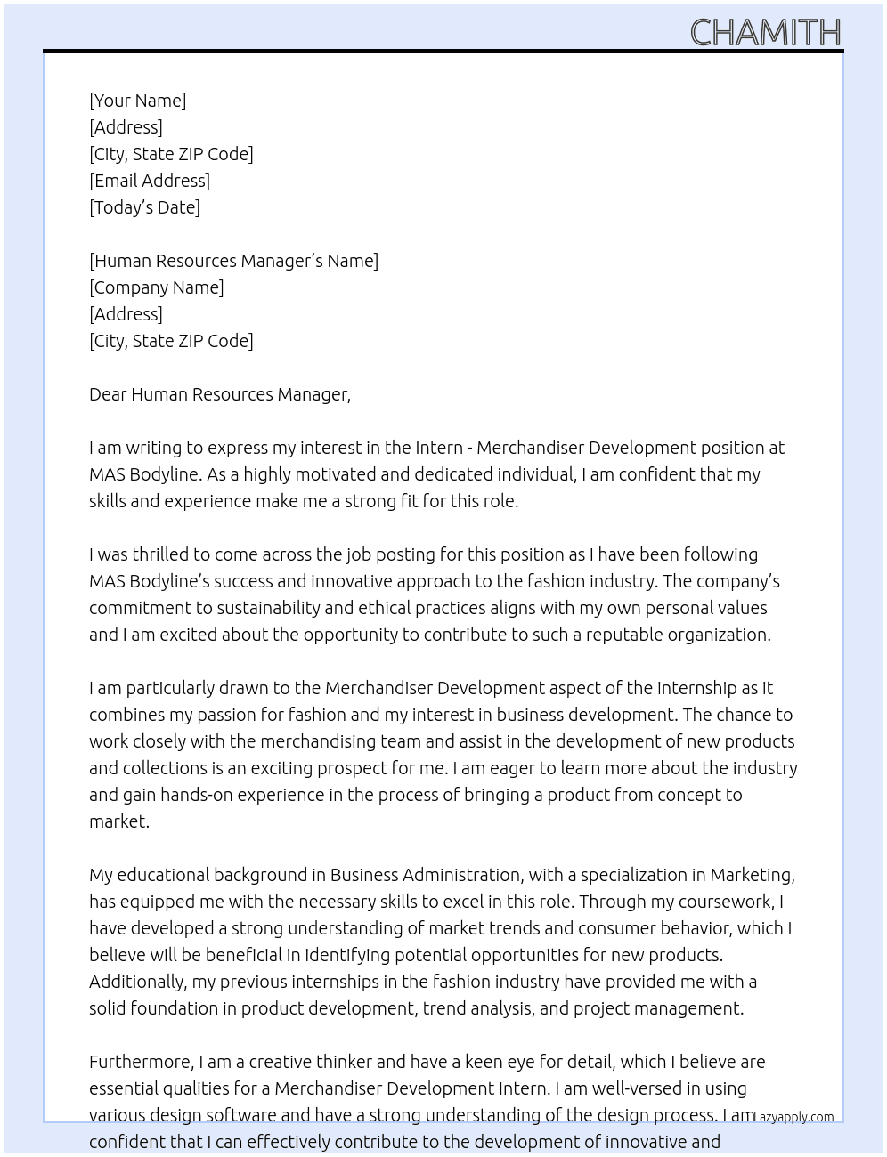 Intern - Merchandiser Development At MAS Bodyline Cover Letter