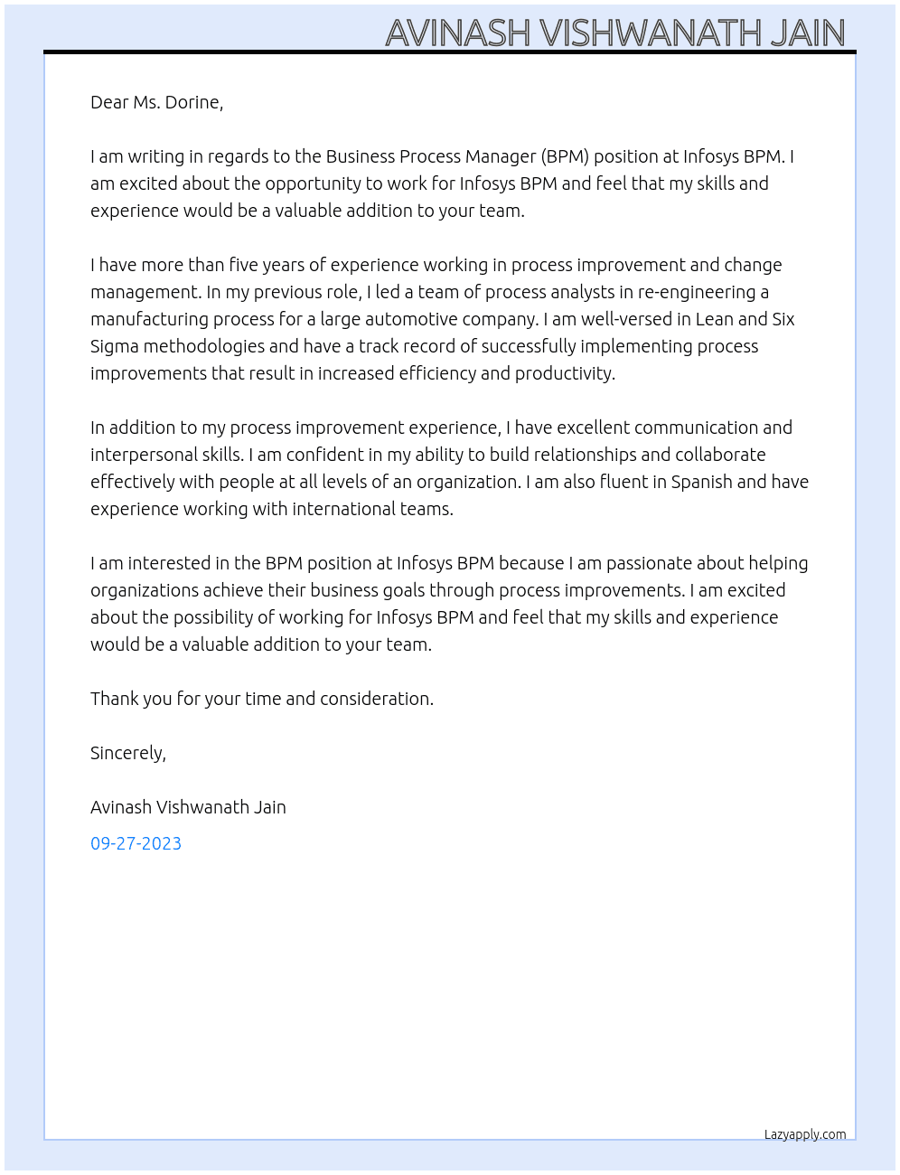 BPM At Infosys BPM Cover Letter