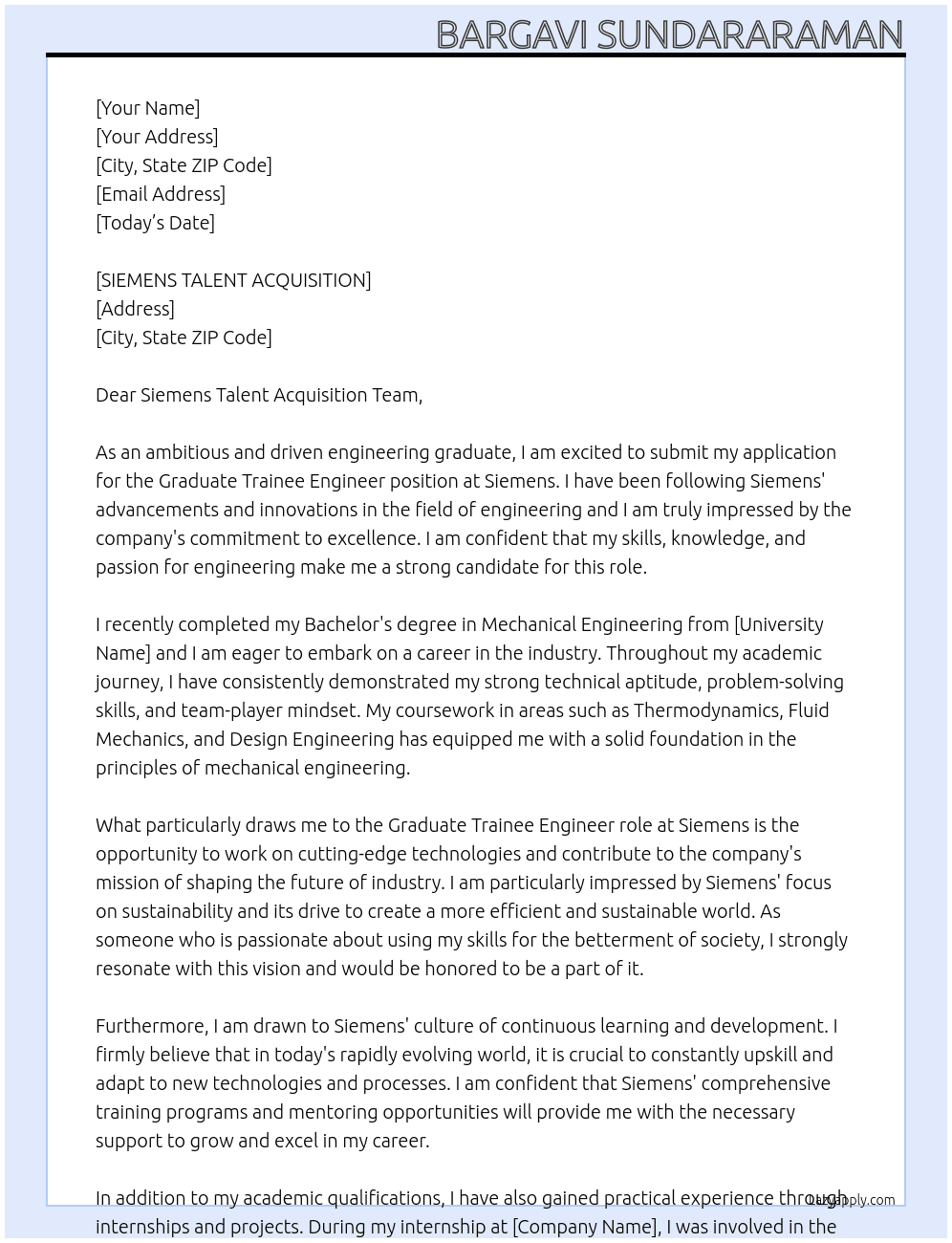 Graduate Trainee Engineer At SIEMENS TALENT ACQUISITION Cover Letter
