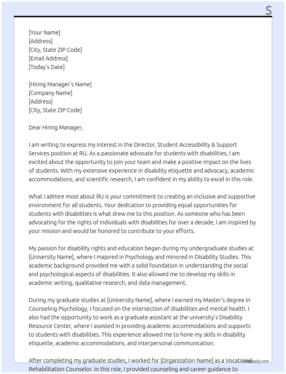Director, Student Accessibility & Support Services At RU Cover Letter