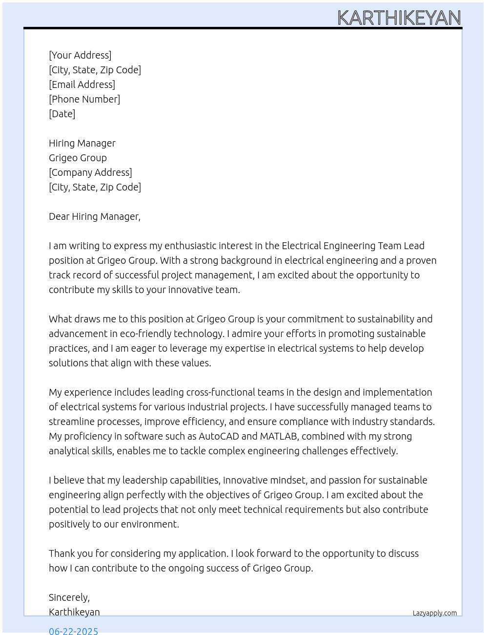 Electrical Engineering Team Lead At  Grigeo Group Cover Letter