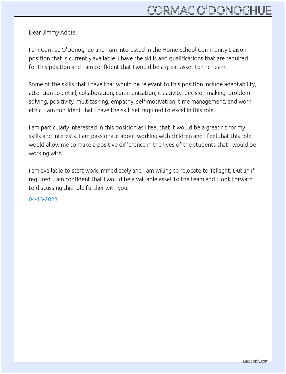 Home School Community Liaison At scoil Aonghusa Cover Letter