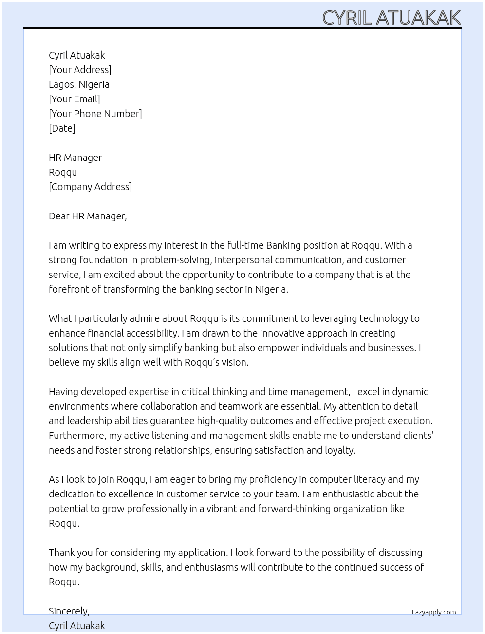 Banking  At Roqqu Cover Letter