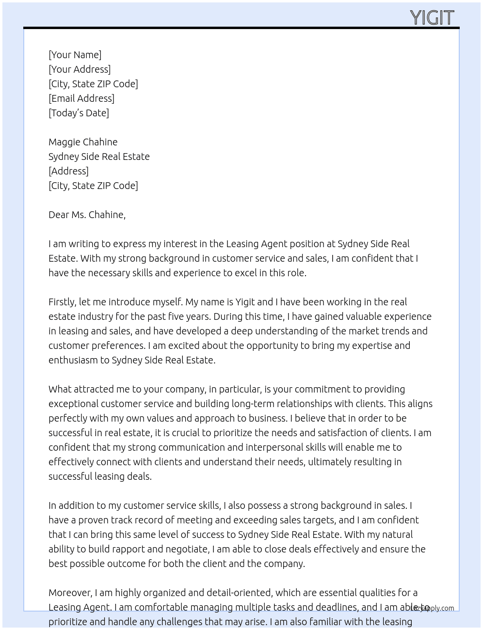 Leasing Agent  At Sydney Side Real ESTATE  Cover Letter