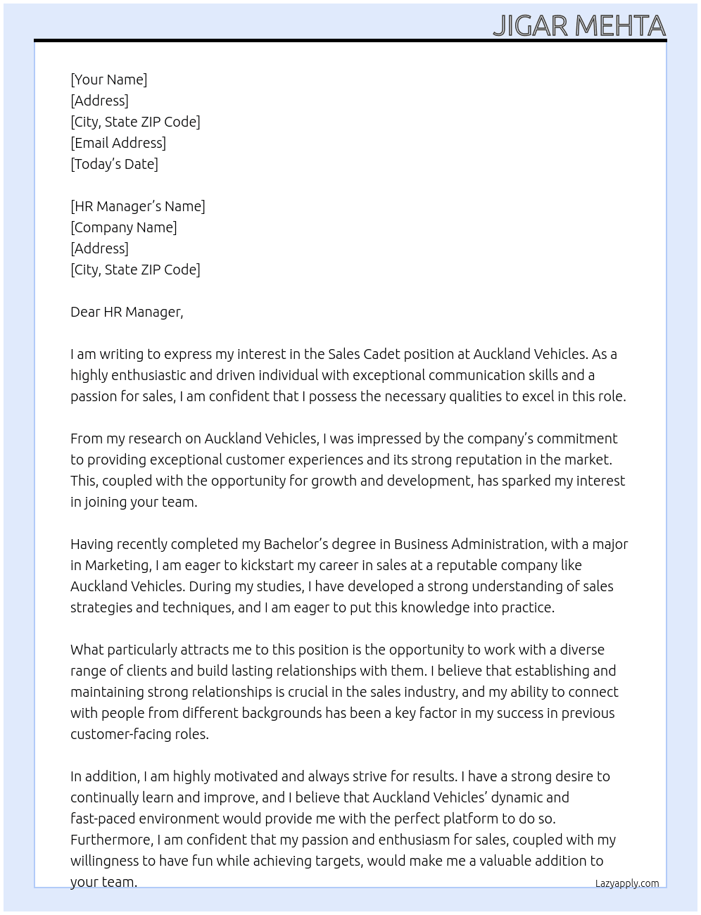 Sales Cadet At Auckland Vehicles Cover Letter