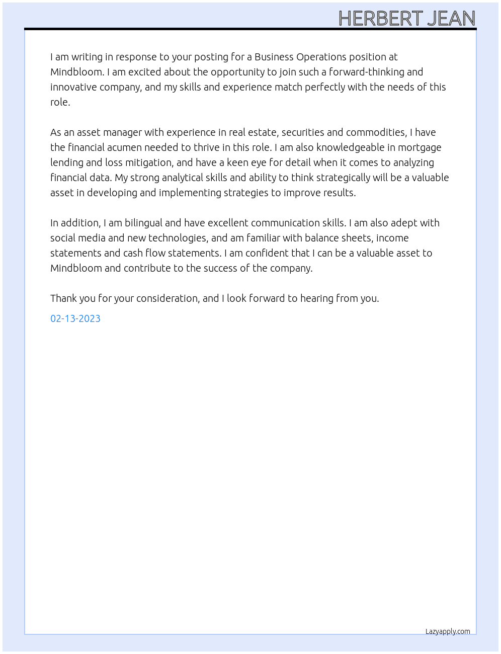 Business Operations  At Mindbloom Cover Letter