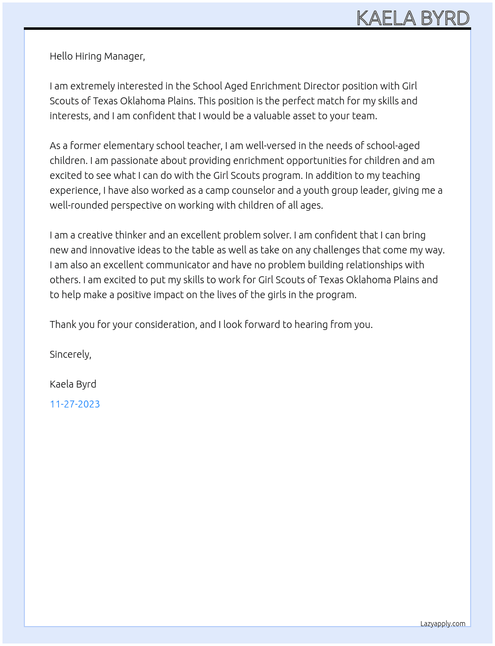 School Aged Enrichment Director At Girl Scouts of Texas Oklahoma Plains Cover Letter