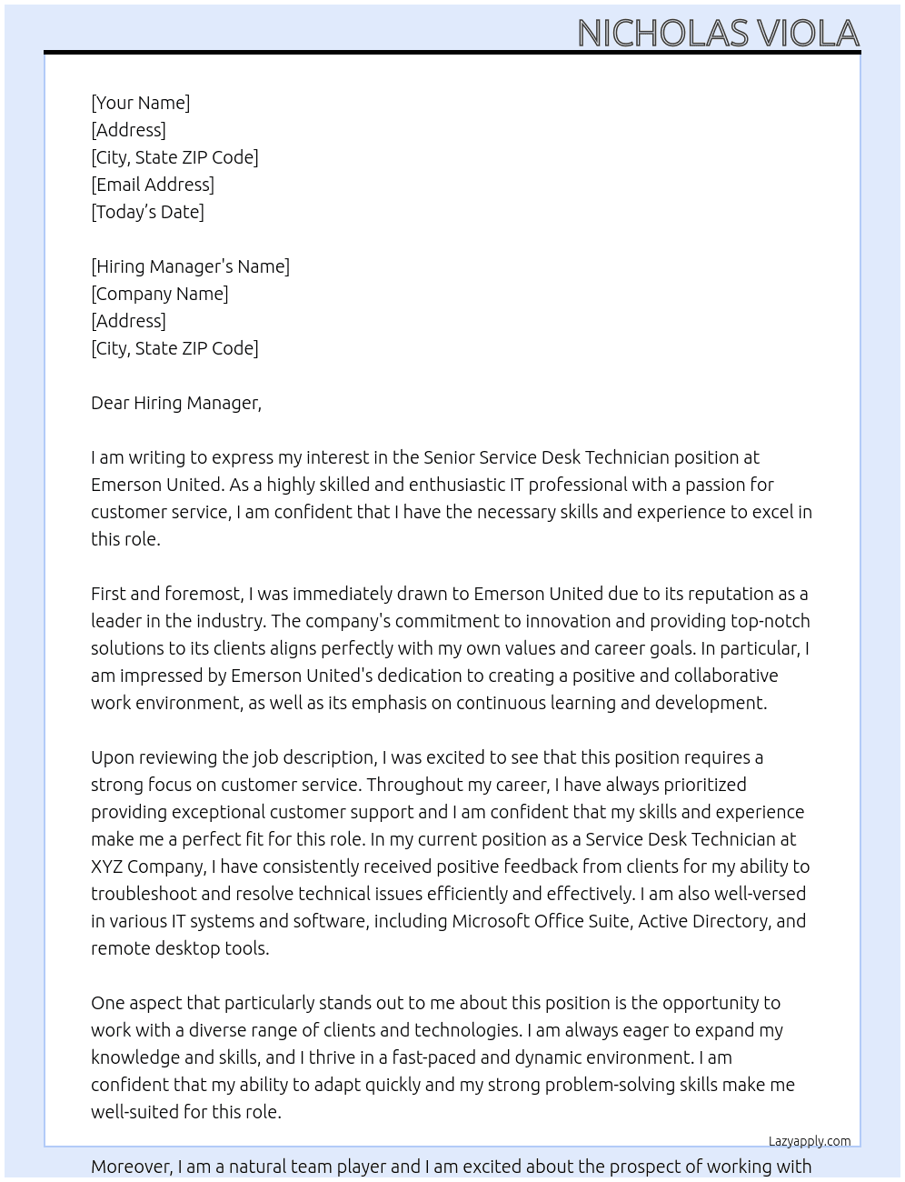 Senior Service Desk Technician At Emerson United Cover Letter