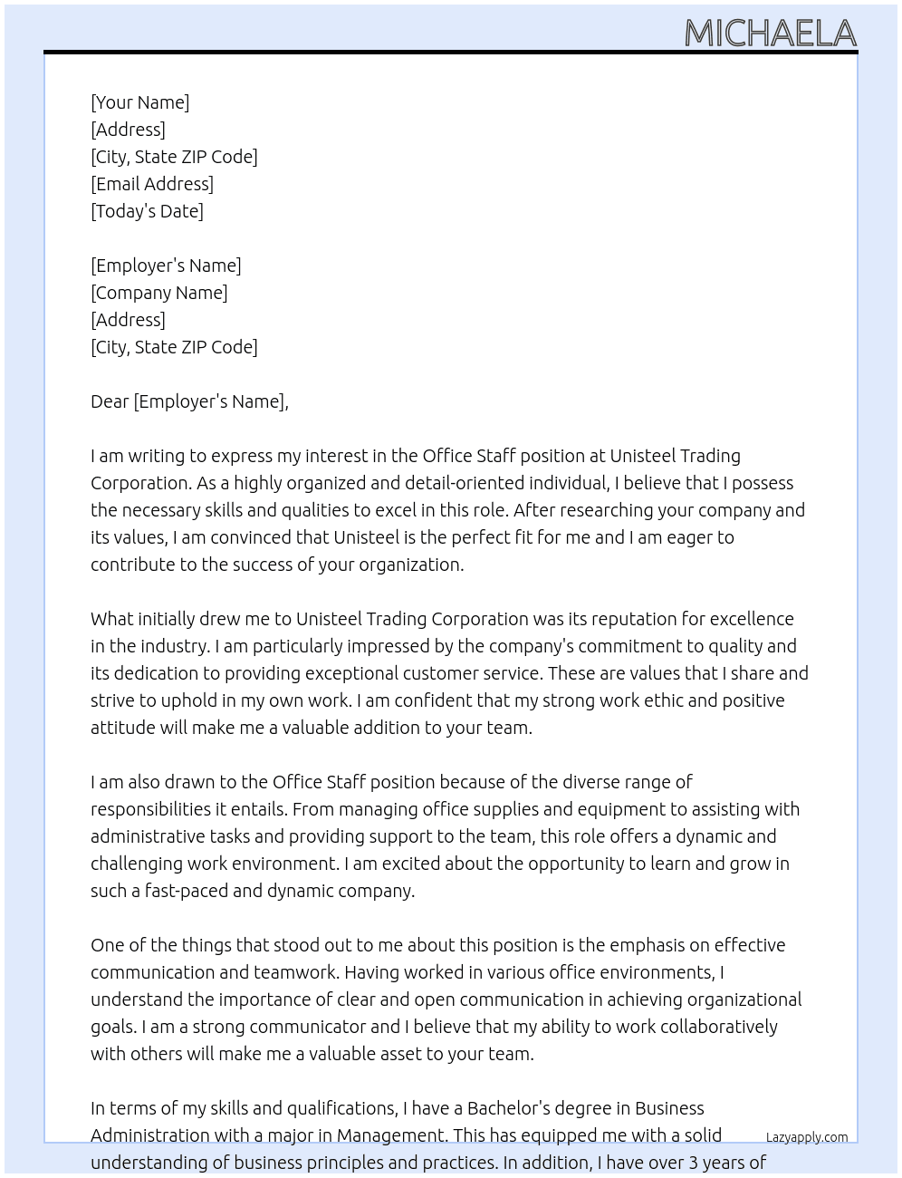 Office staff At Unisteel  trading corporation Cover Letter