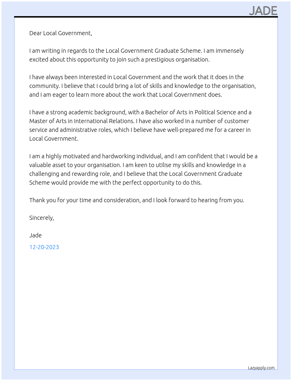 local government graduate scheme At local government Cover Letter