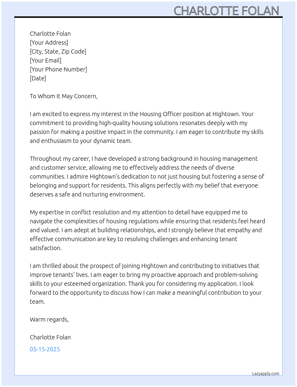 Housing Officer  At Hightown  Cover Letter