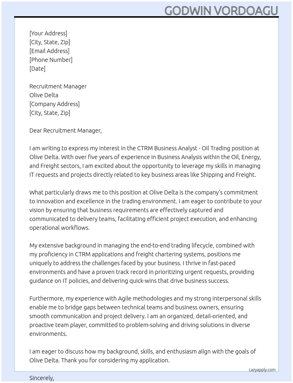 CTRM Business Analyst - Oil Trading At Olive Delta Cover Letter