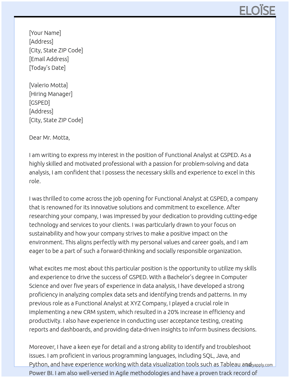 Functional analyst At GSPED Cover Letter