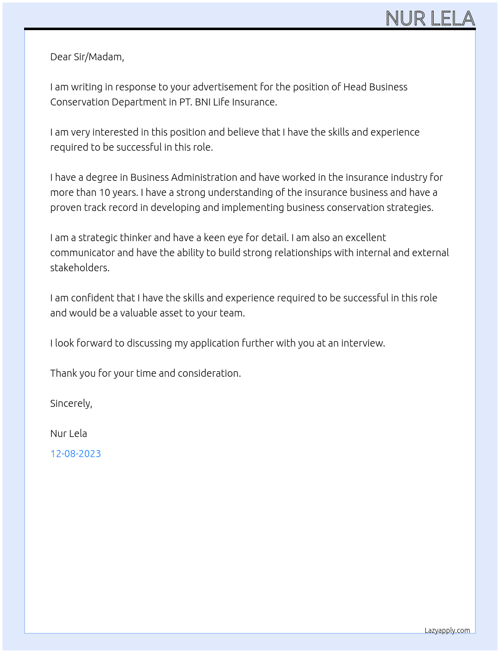 Head Business Conservation Department At PT. BNI Life Insurance Cover Letter