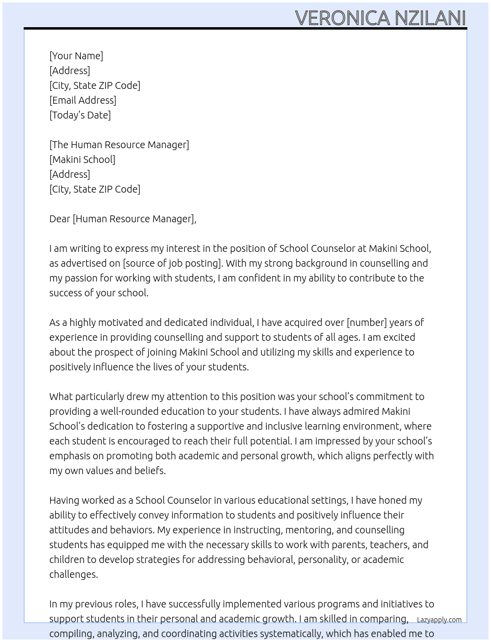school counelor At Makini School Cover Letter