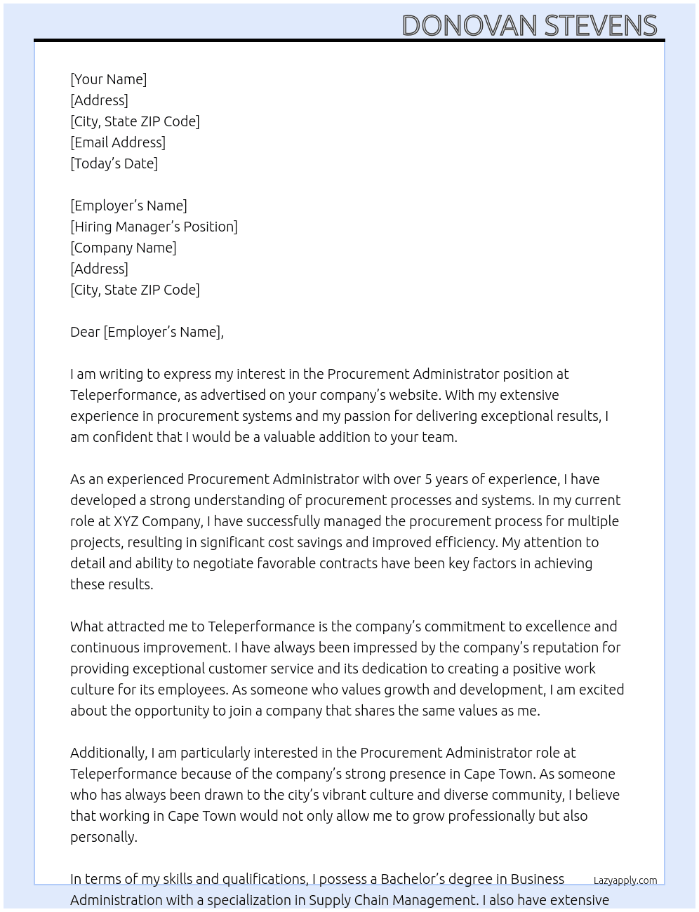 Procurement Administrator  At Teleperformance  Cover Letter