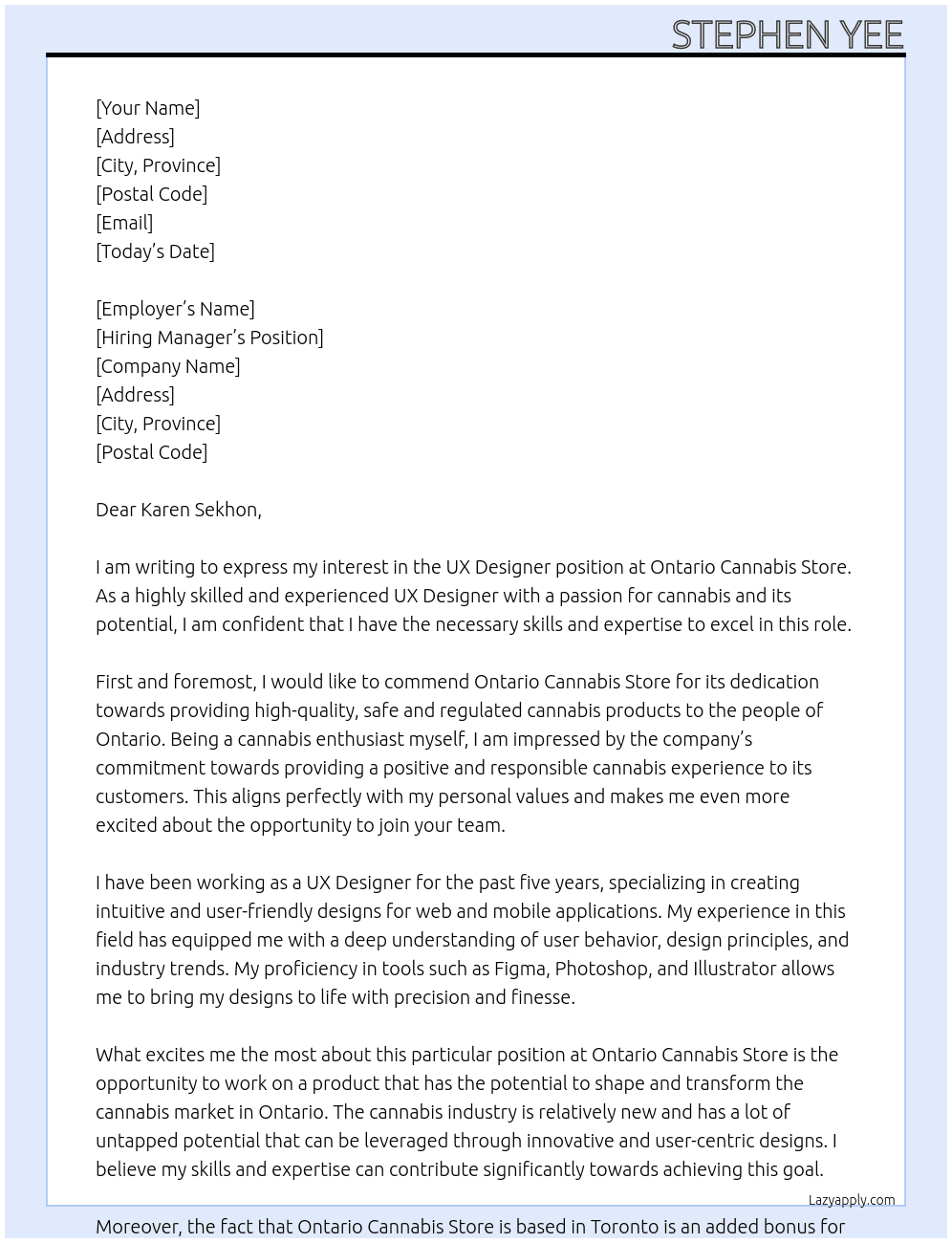 UX Designer At Ontario Cannabis Store  Cover Letter