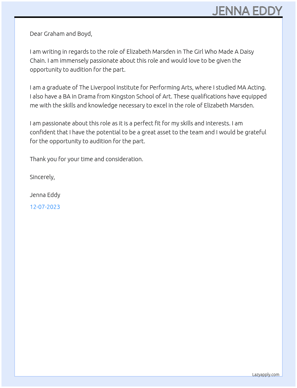 Actor in 'The Girl Who Made A Daisy Chain' At Bijou Picture Productions Cover Letter