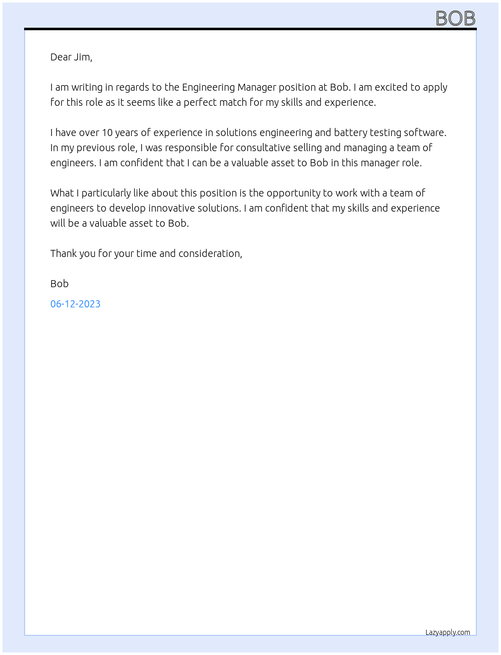 Engineering Manager At Bob Cover Letter