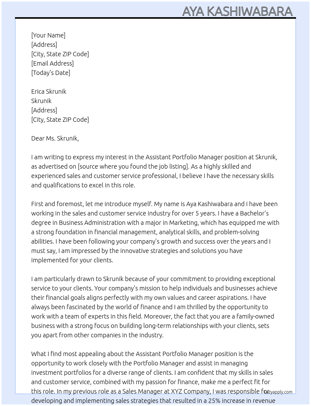 Assistant Portfolio Manager At Skrunik Cover Letter