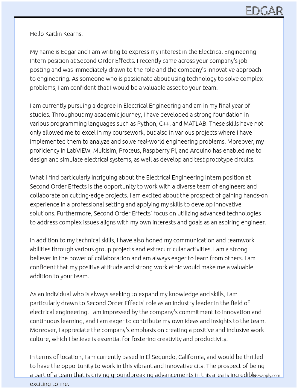 Electrical Engineering Intern At Second Order Effects Cover Letter