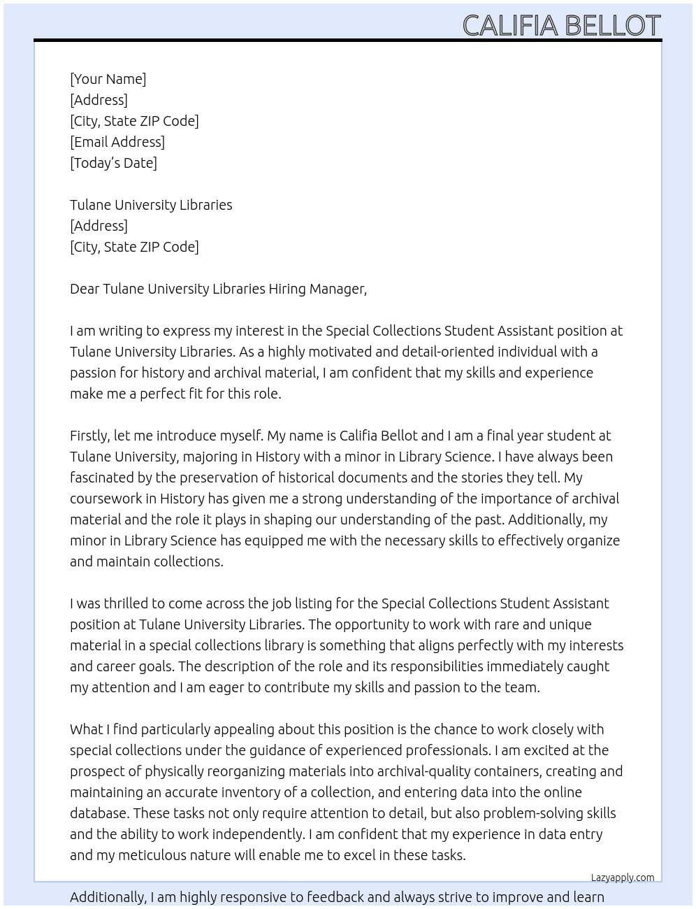 Special Collections Student Assistant At Tulane University Libraries Cover Letter