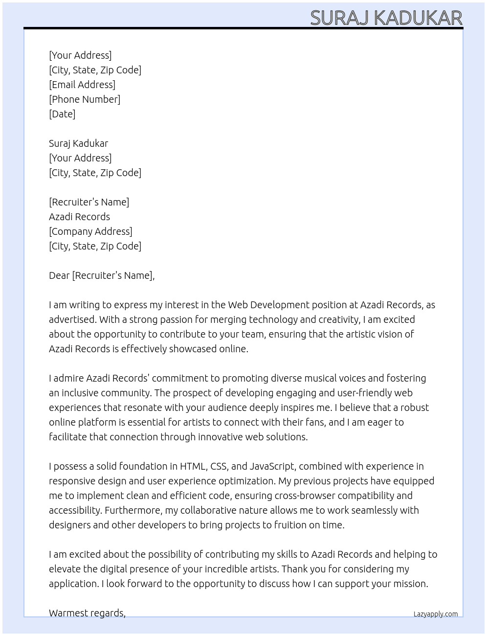 Web Development At Azadi Records Cover Letter