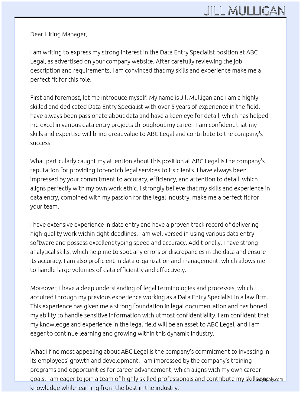 Data Entry Specialist At ABC Legal Cover Letter