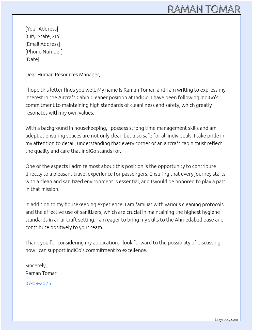 Cover letter for indigo aircraft cabin cleaner - LazyApply