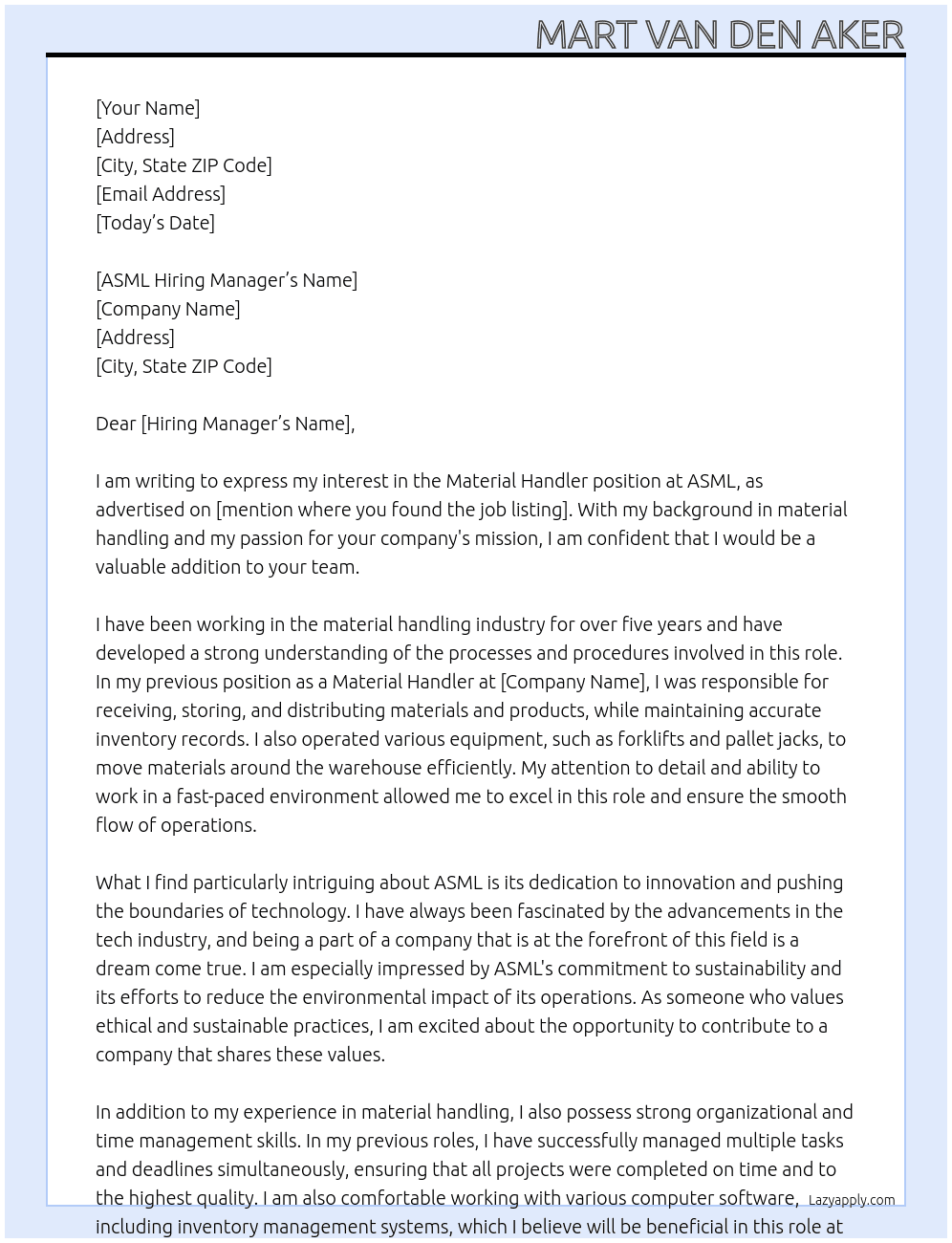 Material Handler At AMSL Cover Letter