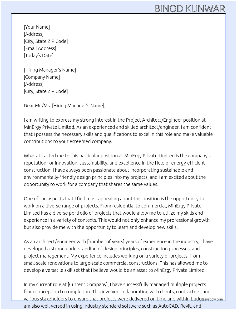 Project Architect/Engineer At MinErgy Private Limited Cover Letter