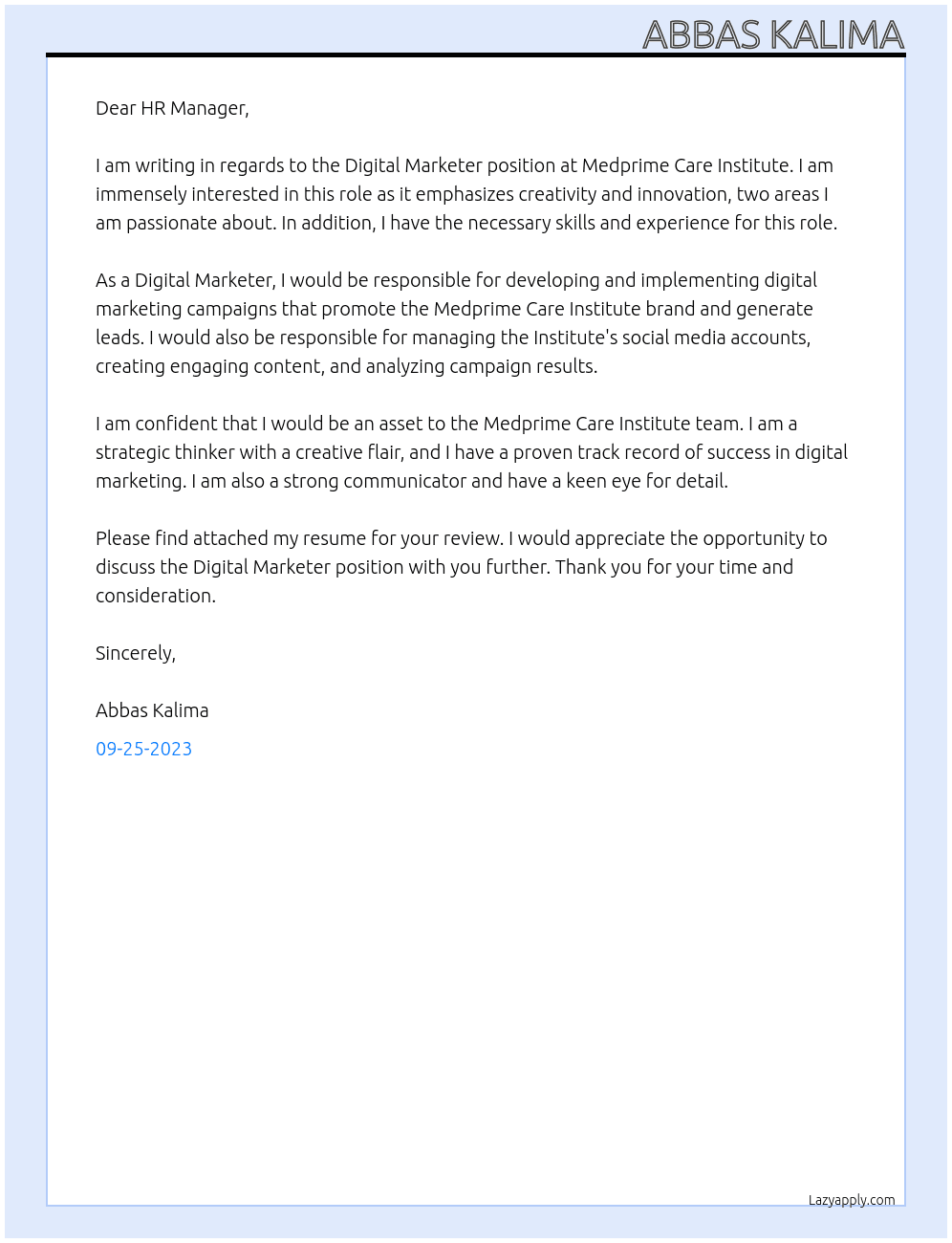 Digital Marketer At Medprime Care Institute Cover Letter