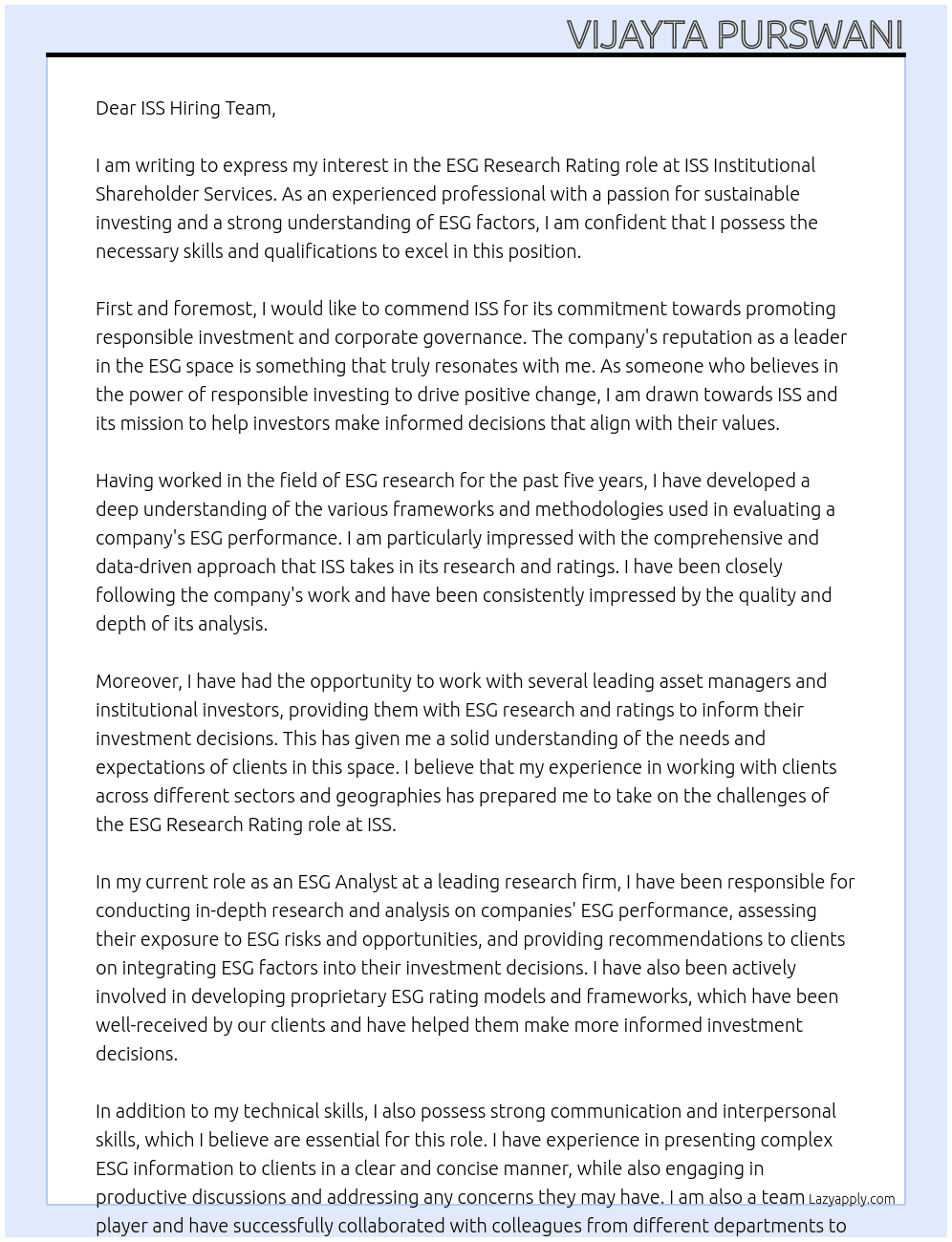ESG Research Rating role At ISS Institutional Shareholder Services Cover Letter