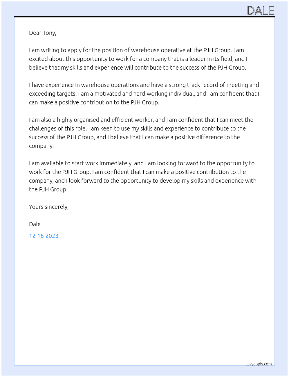 Warehouse operative  At PJH Group Cover Letter