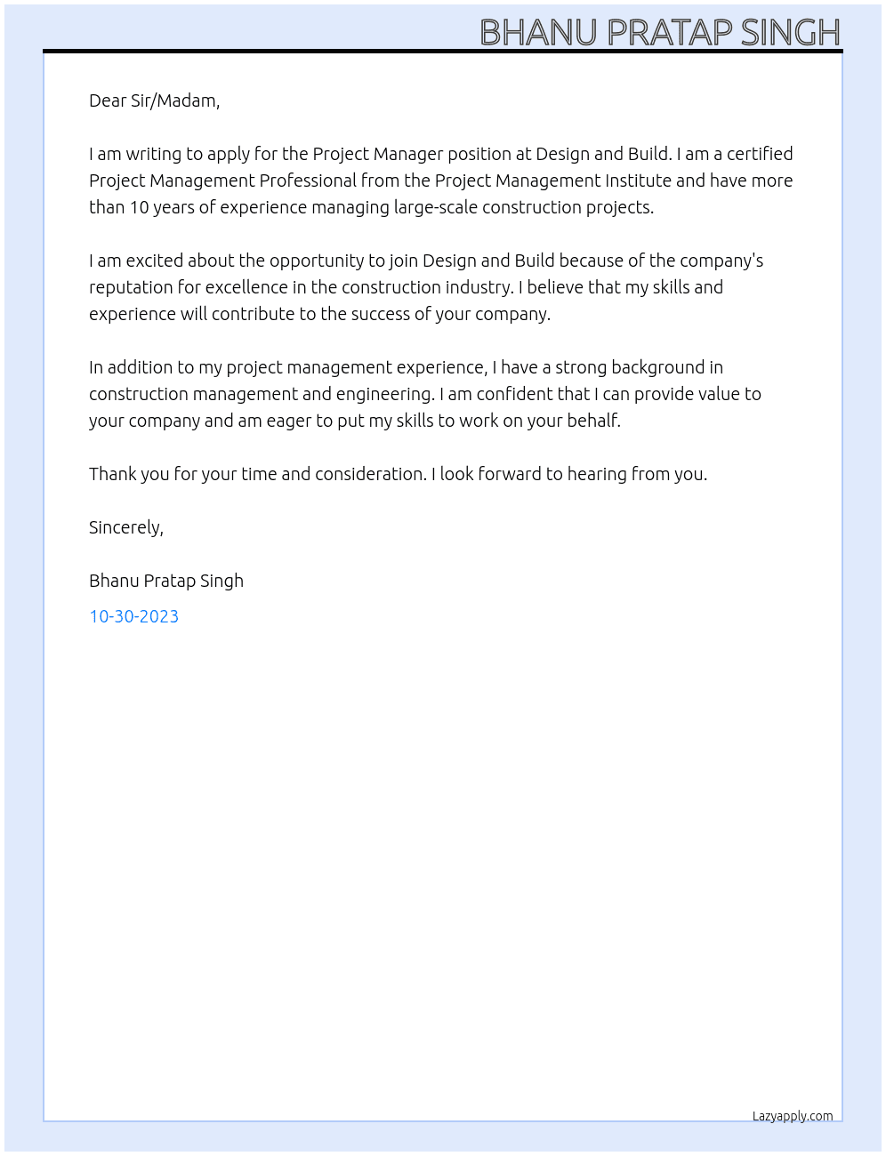 Project Manager At Design and Build Cover Letter