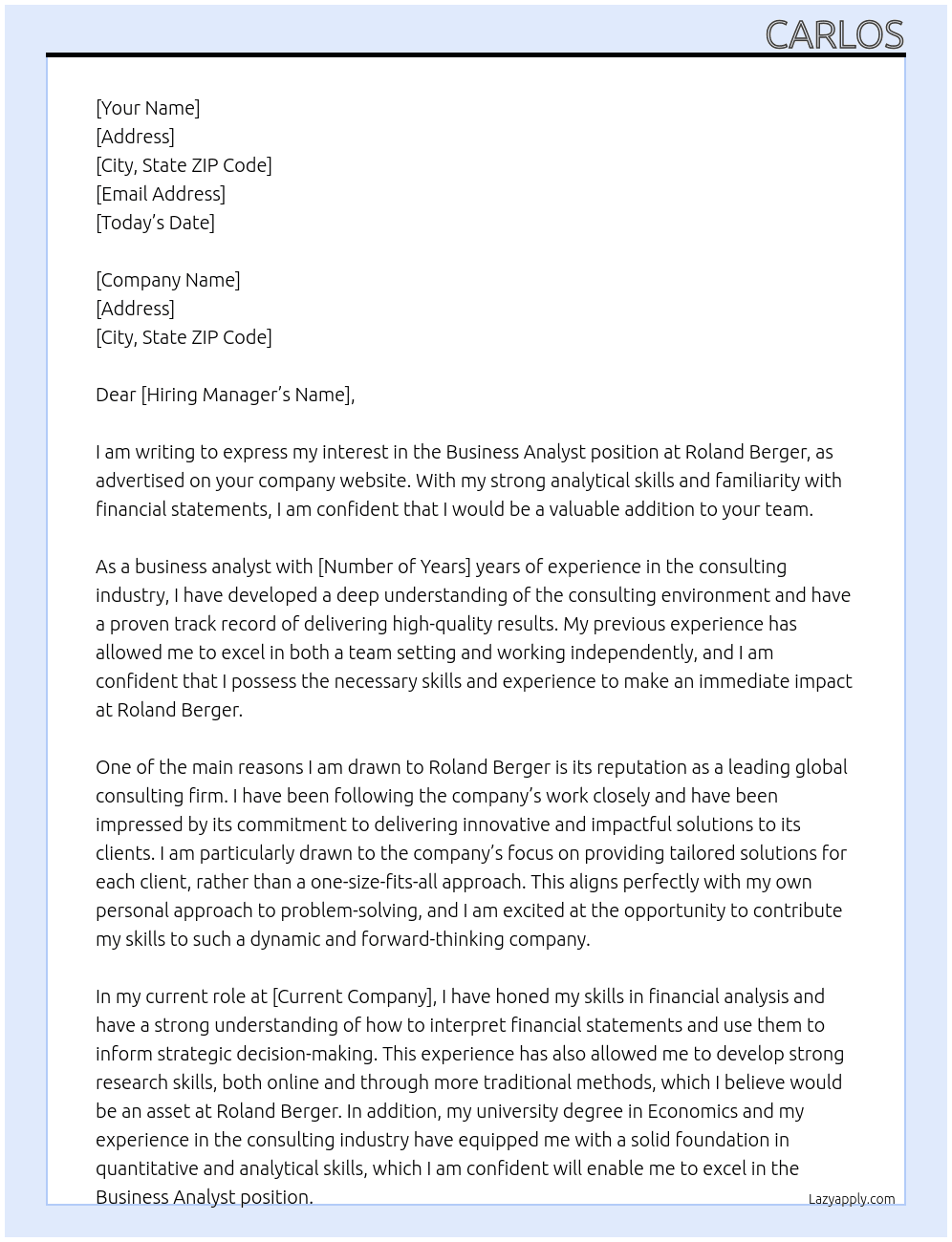 Business Analyst At Roland Berger Cover Letter